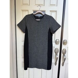 J. Crew Houndstooth Sheath Dress Leather Trim Black Grey Size 12